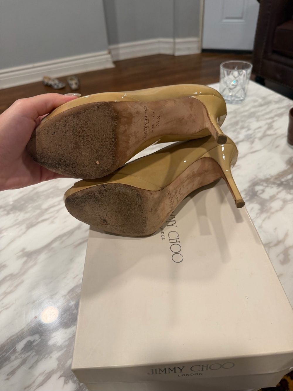 Jimmy Choo Nude Patent Leather Peep-Toe Pumps - Picture 2 of 4